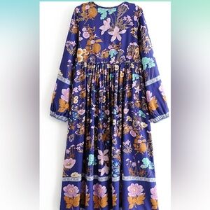 Blue Pink Long Sleeve Sundress with Bishop Sleeves